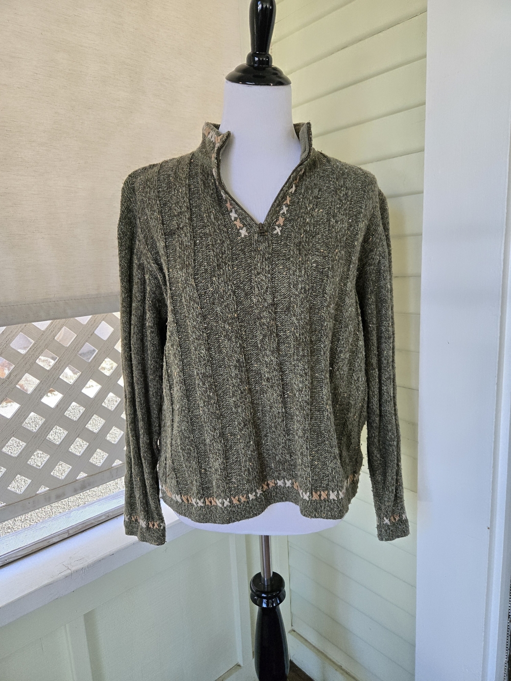 Woolrich Olive Green V-Neck Cable Knit Sweater with Contrast Trim